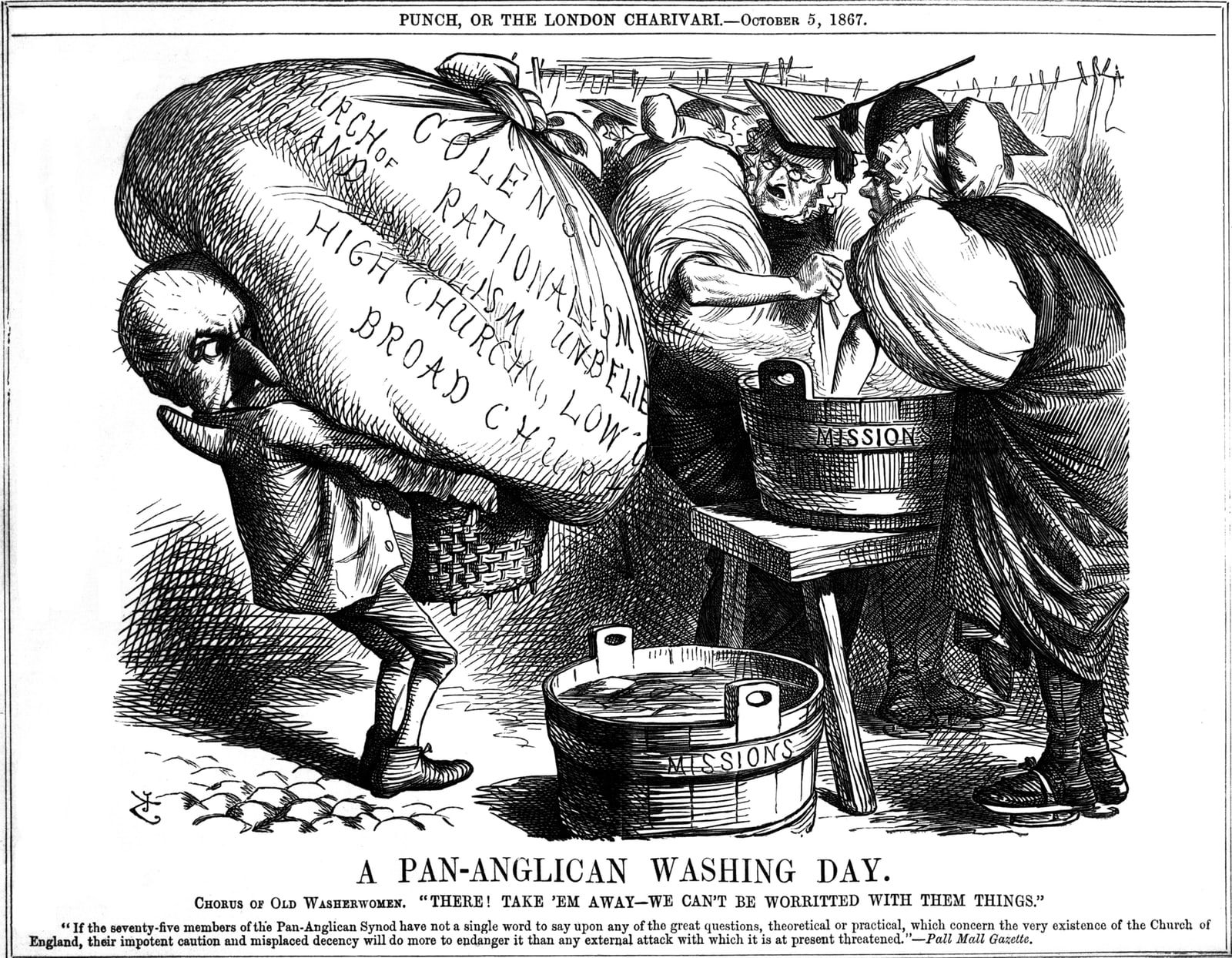 Victorian cartoon: bishops drawn as washerwomen hand away a bundle of laundry labelled with the controversies of the day and keep scrubbing a tub marked “Missions”.